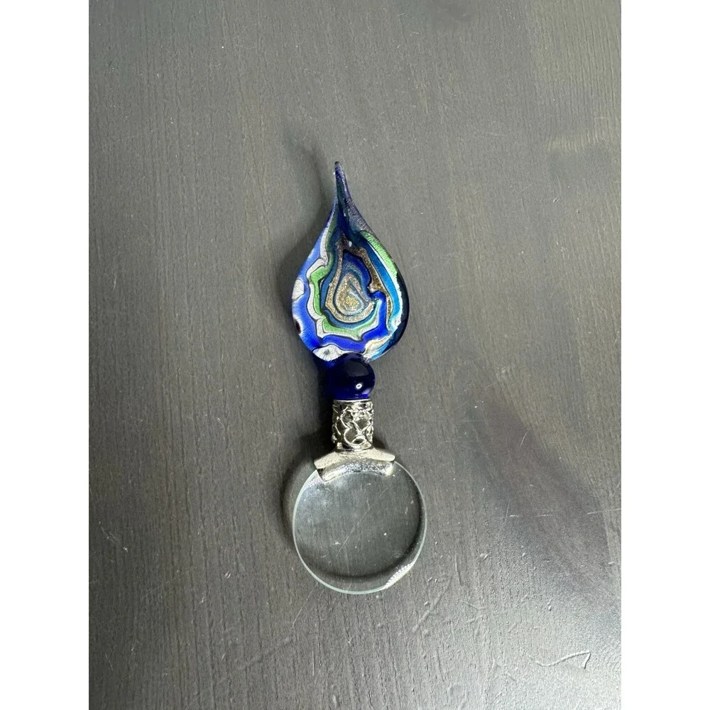 Vintage Art Glass Magnifying Glass Hand Held Red Blue Silver 5
